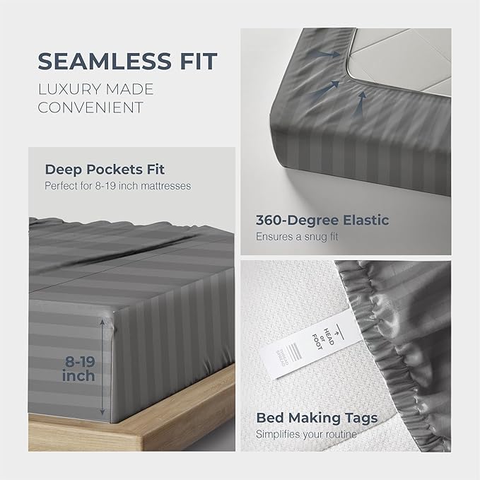THREAD SPREAD 100% Egyptian Cotton Damask King Size Sheets Set - Luxury 1500 Series Egyptian Cotton Sheets King Size (4 PC, Dark Grey Stripe), Silky Soft, Sateen & Cooling, 17" Deep Pocket Bed Set