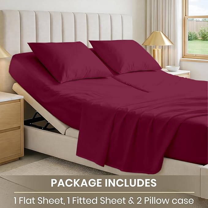 SGI bedding 36" King Split Top Flex Head Sheet 100% Egyptian Cotton Sheet Set 1000 Thread Count Flex Top Sheet for Adjustable Bed 4Pc Sheet Set 15" Deep Pocket for Sleep Number Bed - Burgundy