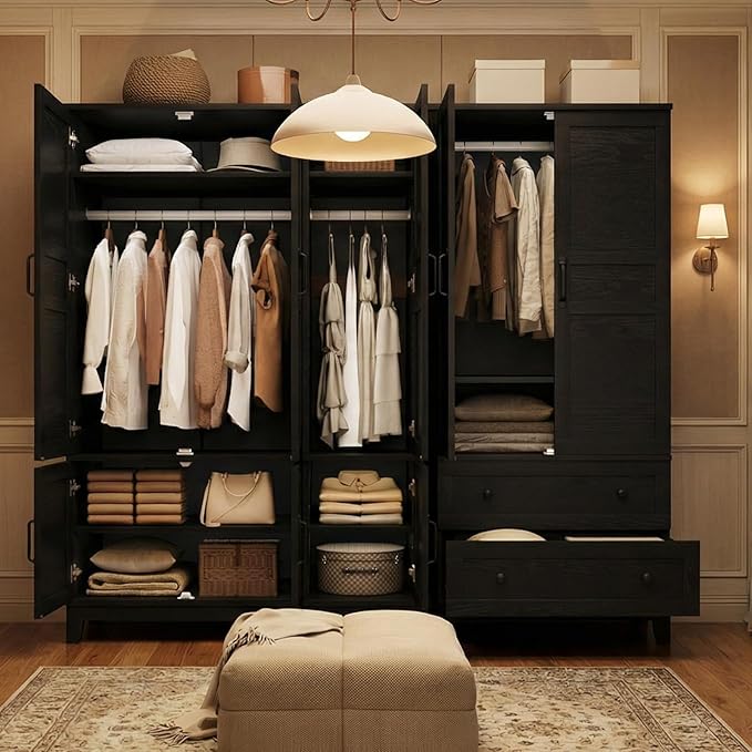 IDEALHOUSE Armoire Wardrobe Closet with 4 Doors, 72" Tall Wooden Clothing Wardrobe with Hanging Rod & DIY Adjustable Shelf, Heavy Duty Bedroom Armoire Storage Cabinet, Rustic Black