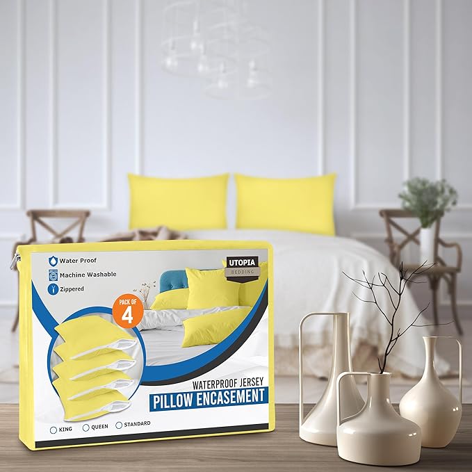 Utopia Bedding Premium 100% Waterproof Pillow Protectors with Zipper Standard Size (Set of 4), Bed Bug and Dust Mite Proof Zippered Pillow Covers, Pillow Encasement Cases, Yellow