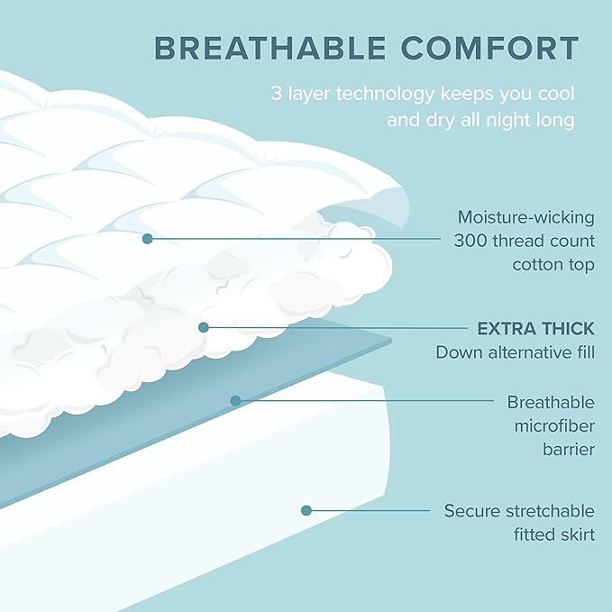 Bare Home Full Mattress Topper Cotton Top - Plush Topper for Mattress - Fitted Mattress Cover - Cooling Breathable Air Flow - 8" to 21" Deep Pocket - Soft Mattress Pad (Full, White)