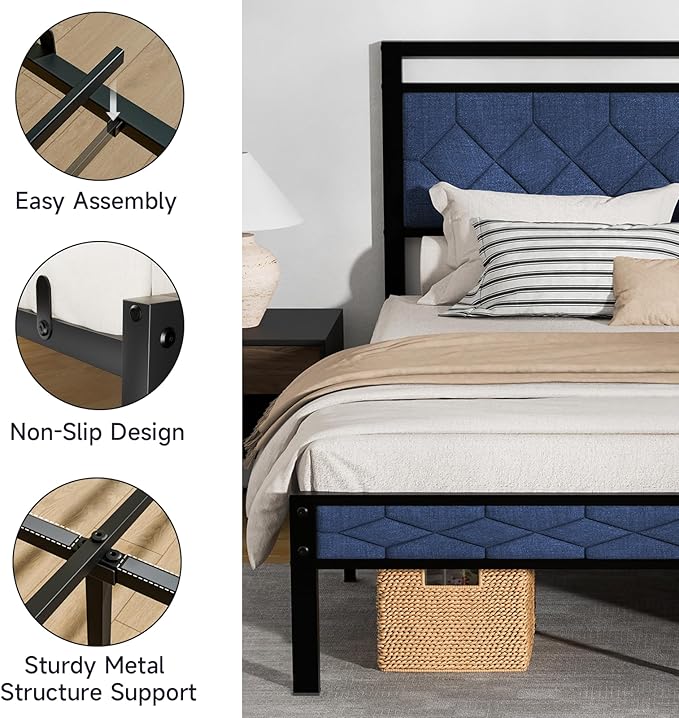 Z-hom Easy Assembly Upholstered Platform Bed Frame with Soft Padded Headboard, Modern Linen Fabric Mattress Foundation, No Box Spring Needed, Noise-Free & Sturdy Metal Support, Queen Size (Blue)