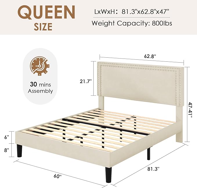 VECELO Queen Size Platform Bed Frame with Height Adjustable Upholstered Headboard, Modern Mattress Foundation,Strong Wood Slat Support, No Box Spring Needed, Easy Assembly,Beige