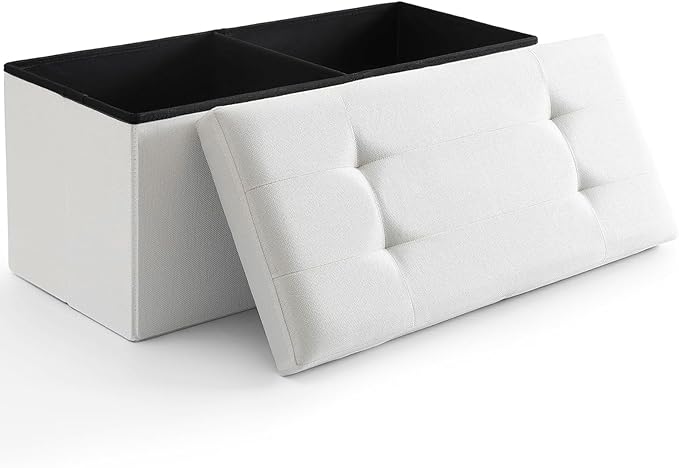 Storage Ottoman Bench Foldable Seat Footrest Shoe Bench End of Bed Storage with Flipping Lid, 75L Storage Space, 30 inches Linen Fabric White, OT026WS