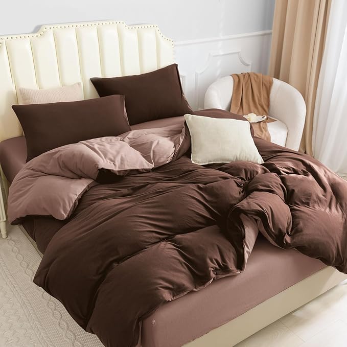 PURE ERA Jersey Knit Duvet Cover Set 100% T-Shirt Cotton Super Soft Comfy 3pc Bedding Set with Zipper Closure (Petal Pink/Dark Brown, Queen, 90"X90")