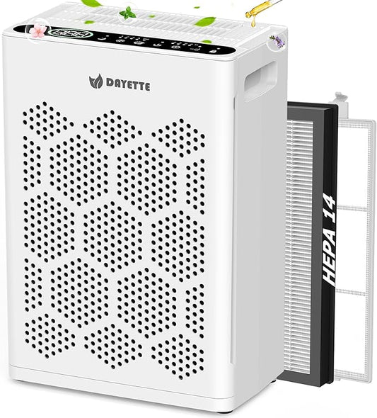 DAYETTE Air Purifiers for Home Large Room Up to 2400 Ft² with HEPA 14 Filter, Pet Air Purifier with Washable filter for Bedroom with Fragrance, Air Cleaner for Smoke Dust Pets Hair Odor, Pearl White