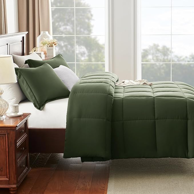 CozyLux Oversized Queen Comforter Set, 270GSM Olive Green Bedding Sets for All Seasons, 3 Pieces 98x98 Bed Set with 1 Down Alternative Comforter and 2 Pillow Shams, Soft, Lightweight, Breathable