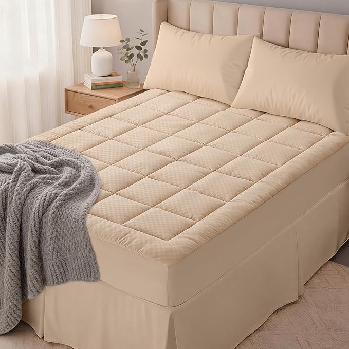 OLANLY Queen Quilted Fitted Mattress Pad, Elastic Fitted Mattress Topper, Cooling Soft Mattress Cover Stretches up to 21 Inches Deep, Machine Washable Mattress Protector (60x80 inch, Beige)