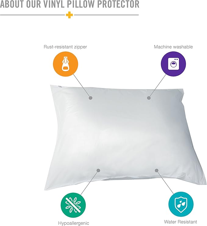 DMI Waterproof Pillow Protector With Zipper, Vinyl Pillow Cover, Travel Pillow Case Cover, Standard, White