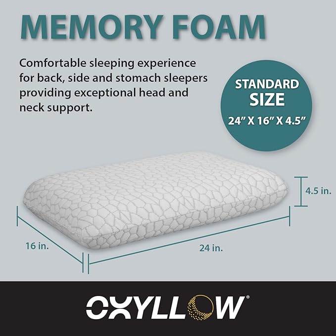 Oxyllow Memory Foam Pillow - Hypoallergenic - Memory Foam - Latex Free - Cooling Pillow - Stomach Sleepers - Standard Pillow Size - Bed Pillow -