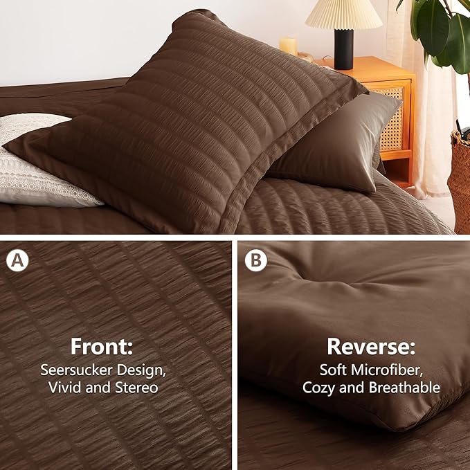 CozyLux Twin XL Comforter Set with Sheets Seersucker Brown 5 Pieces Bed in a Bag, Twin Extra Long Luxury Soft Bedding Sets for College Dorm with Down Alternative Comforter, Sheets, Pillowcase & Sham