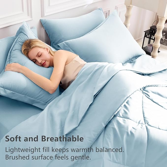 CozyLux Queen Comforter Set Light Blue - Bed in a Bag Queen Size 7 Pieces, Luxury Soft Bed Set for All Seasons, Bedding Set with Down Alternative Comforter, Sheets, Pillowcases & Shams