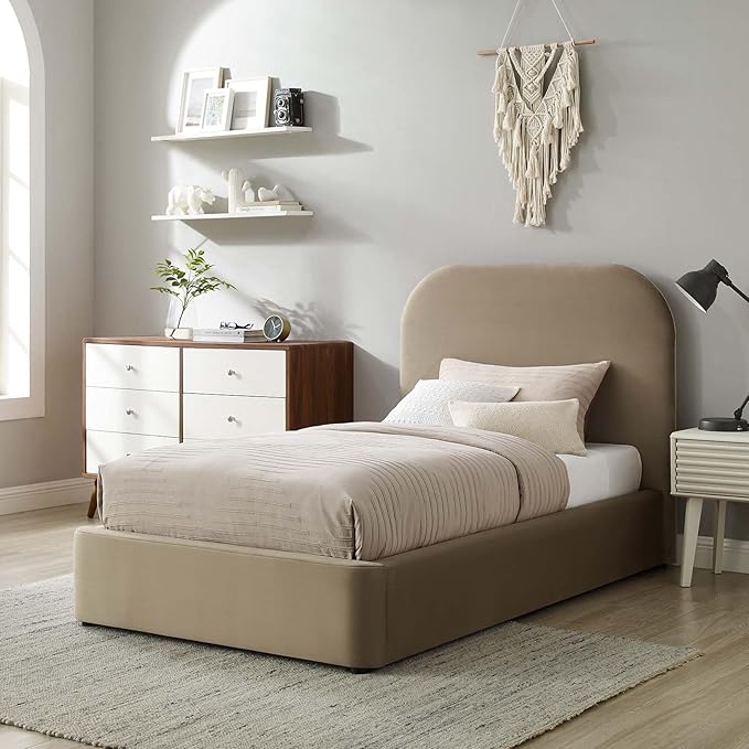 Modway Keynote Modern Bed Frame, Twin Size with Curve Shaped Headboard in Taupe, Performance Velvet