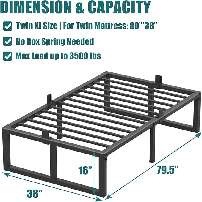 Yitong Angel 16 inch Twin XL Bed Frame,3500 lbs Heavy Duty Metal Platform,Steel Slats Support/No Box Spring Needed/Noise Free/Non-Slip/Easy Assembly