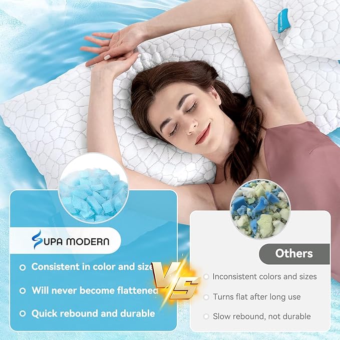 SUPA MODERN Cooling Pillow Standard Size Set of 2, CertiPUR-US Shredded Memory Foam Pillows, Cool Bed Pillows for Hot Sleepers, Adjustable Firm Pillow for Side,Back,Stomach Sleepers, Better Sleep