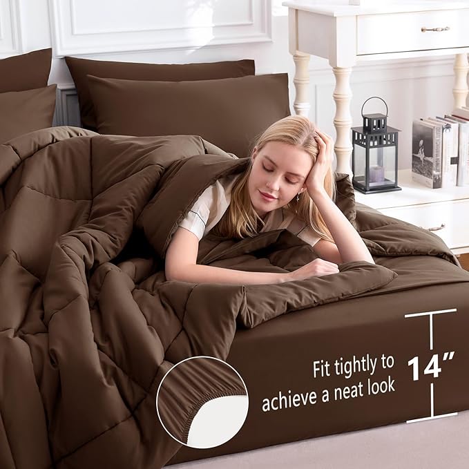 CozyLux Queen Comforter Set Brown, 7 Pieces Bed in a Bag, Brown Comforters Queen Size, All Season Bedding Sets with Stitch Quilted Comforter, Flat Sheet, Fitted Sheet, Pillowcases