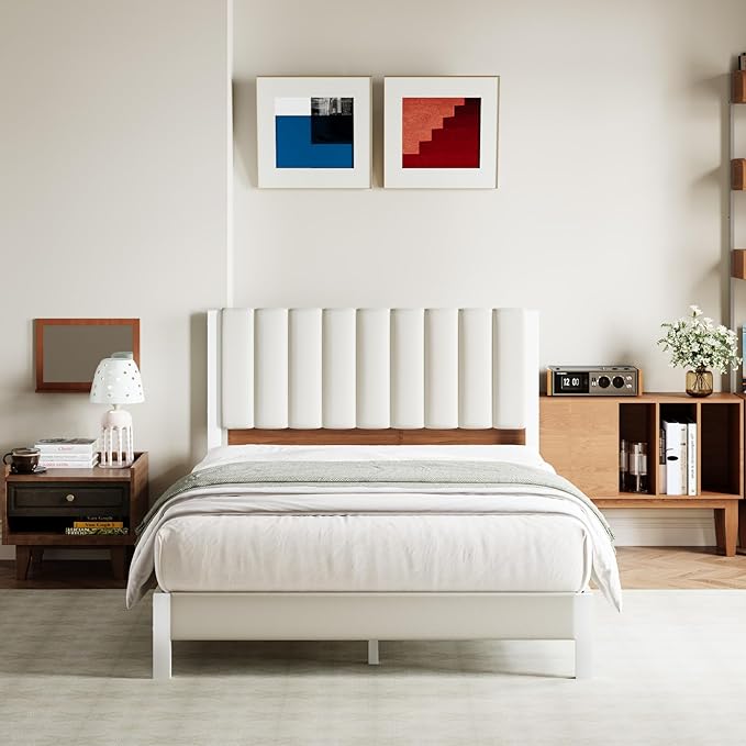 Avenco Full Size Bed Frame with Velvet Upholstered Piano Keys Headboard, Metal Bed Frame Platform Design with Metal Slats for Bedroom Furniture, White