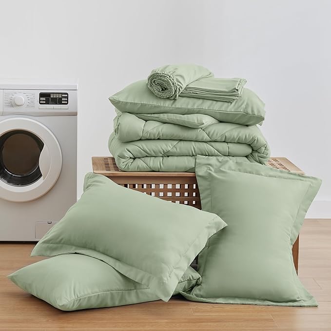 Love's cabin Queen Comforter Set Sage, 7 Pieces Queen Bed in a Bag, All Season Bedding Sets with 1 Comforter, 1 Flat Sheet, 1 Fitted Sheet, 2 Pillowcase and 2 Pillow Sham | Soft, Breathable, Lightweight, Comfortable