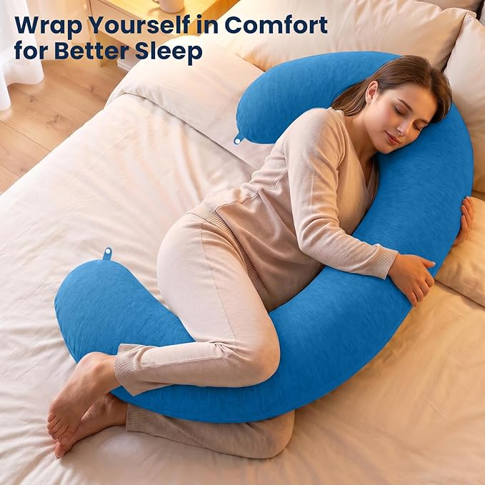 TranquilRelax C Shaped Body Pillow for Side Sleepers, Memory Foam Long Pillow for Leg, Hip & Back Support, Soft Washable Cover,Light Blue-53"*10"