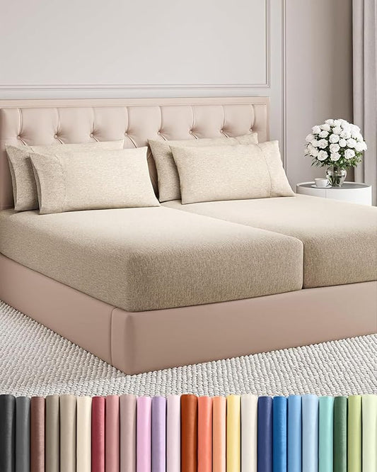 Split King 7 Piece Sheet Set - Comfy, Breathable & Cooling - Hotel Luxury Bedding for Women, Men, Kids, Teens and Children - 1 Flat & 2 Fitted Sheets & 4 Pillowcases w/ Deep Pockets - Heathered Beige