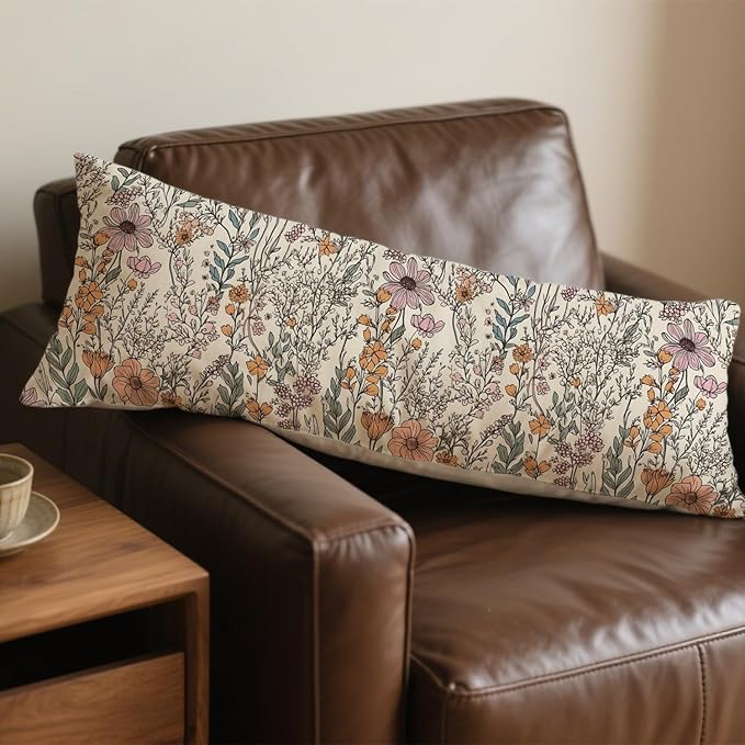 Vintage Boho Floral 20x54 Body Pillow Cover, Cottagecore Room Decor, Retro Rustic Cottagecore Flowers Aesthetic Decorative Long Body Pillow Cases for Bed Couch