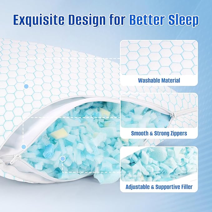 CushyOasis Shredded Memory Foam Pillow for Sleeping, Cooling Bed Pillows Set of 2, Adjustable Pillows for Side, Back, Stomach Sleepers with Washable Pillowcase (Queen Size, Blue)