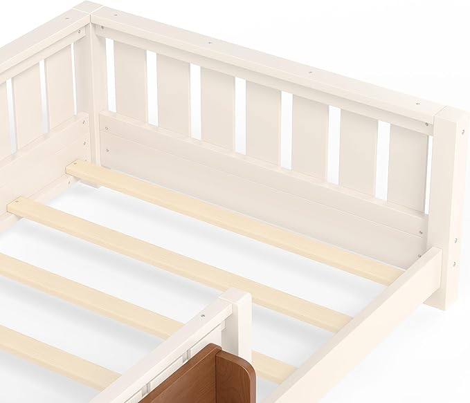 Bellemave Twin Size Kids Montessori Bed with Bookshelf,Solid Wood Twin Floor Bed Frame with Fence and Slats for Girls Boys,Low-Profile,Beige