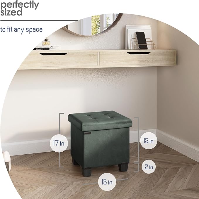 Storage Ottoman Cube with Small Bin, 15-in Square Ottoman with Storage for Living Room and Bedroom, Small Ottomans Foot Rest, Leather Foot Stools Ottomans Max 330lbs, Green