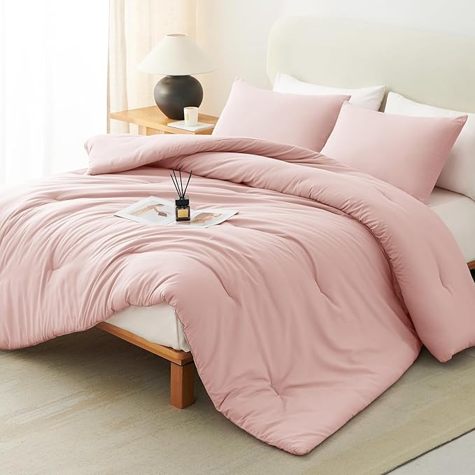 CozyLux King Size Comforter Set Blush Pink, 3 Pieces Solid Comforters King Size Breathable Bedding Sets, Luxury Soft Lightweight Bed Set with Down Alternative Comforter and 2 Pillowcases All Season