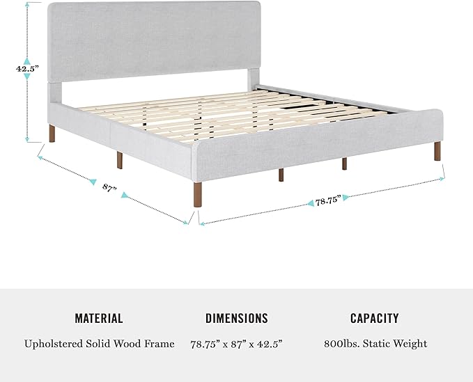 Martha Stewart Britta Platform Bed with Headboard & Footboard, Faux Linen Upholstery with Piping Detail, Rounded Headboard, No Box Spring Needed, King, Gray