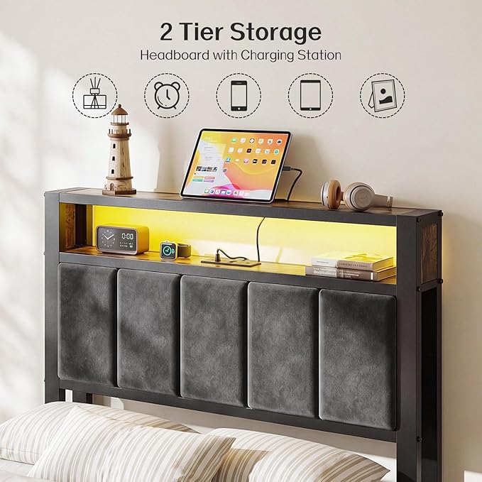 OLEVS Twin Bed Frame with LED Light Storage Headboard and Charging Station Type C, Metal Platform Bed Twin Size,No Box Spring Needed, Noise Free, Easy Assembly