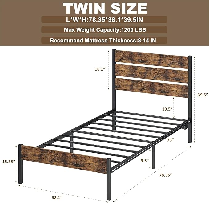Bed Frame Twin Size with USB Charging Station, LED Light Metal Bed Frame with Wooden Headboard, Metal Platform Bed with Under Bed Storage, Easy Assembly, No Box Spring Needed, Noise Free(Rustic Brown)