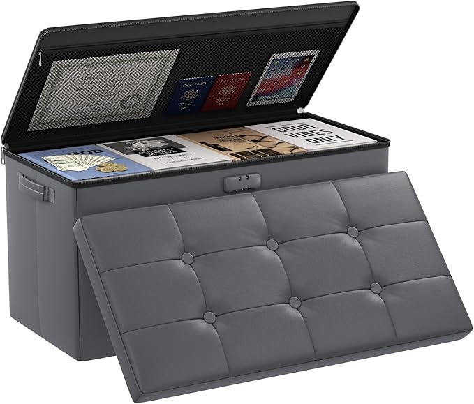 DocSafe Storage Ottoman Bench with Lock,Fireproof 30 Inches Folding Bench Foot Rest Stool Storage Chest Safe for Living Room,Bedroom,Home Office,Waterproof Leather Ottoman with Handles,Gray