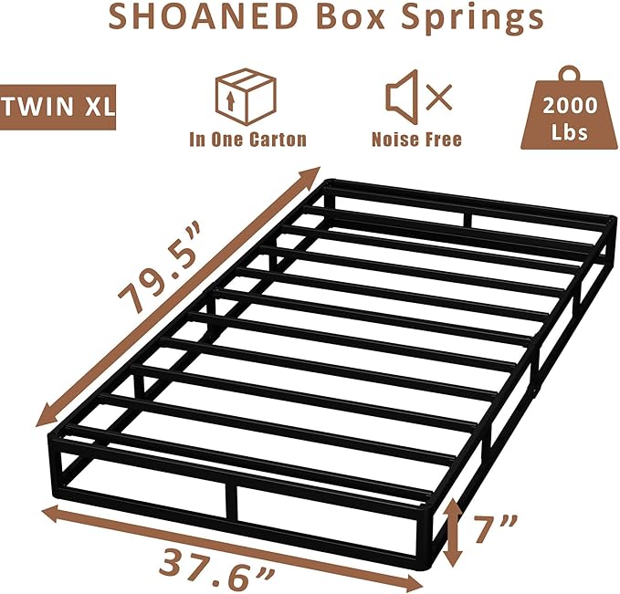 SHOANED Twin XL Metal Box Springs - 7 Inch Low Profile Heavy Duty Black Basics Bed Base Non Slip Box Spring Mattress Foundation, Easy Assembly, No Noise