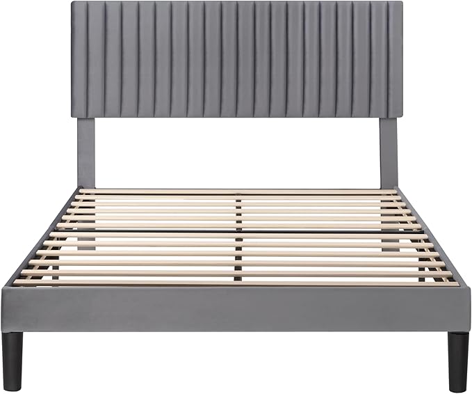 SHA CERLIN Queen Upholstered Platform Bed Frame with Vertical Channel Tufted Velvet Fabric Adjustable Headboard, Wooden Slats Support, Mattress Foundation, Box Spring Optional, Grey