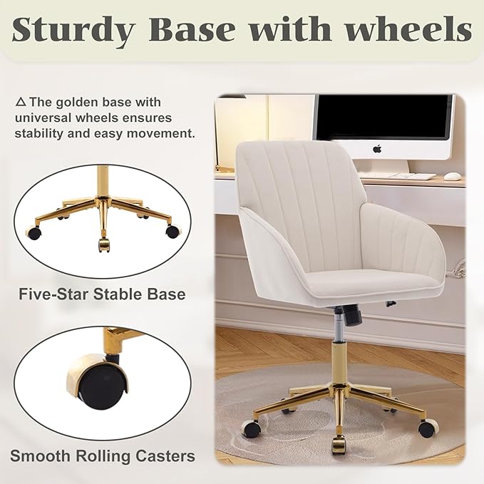Velvet Vanity Chair with Wheels, Height Adjustable Swivel Makeup Chair, Armless Small Desk Chair for Bedroom/Office/Vanity Table, 250 lbs Capacity (Velvet, White-2)