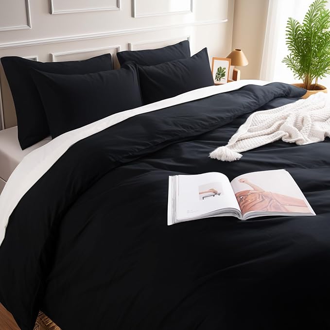 NEXHOME PRO Full Duvet Cover Set – 100% Certified Organic Cotton with Washed Feel & Linen-Like Texture, Comfortable & Breathable, Home Bedding Set Black (No Comforter)