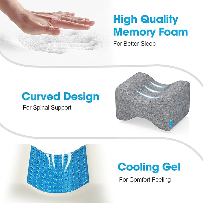 Knee Pillow for Side Sleepers with Cooling Gel, Memory Foam Elevation Pillow for Spine Aligning, Sciatica, Back, Hip, Knee, Ankle Pain, Grey/Regular