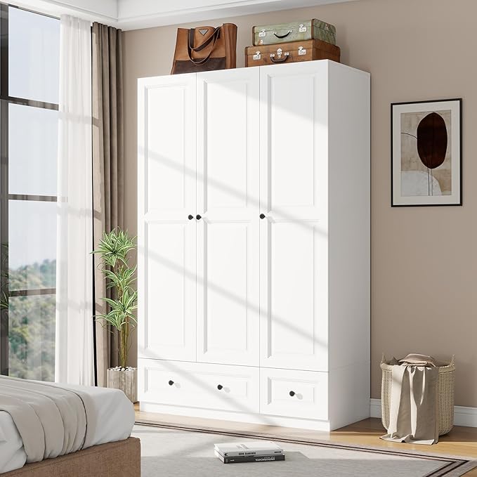Armoire Wardrobe Closet with Drawers: 74" White Tall Wooden Wardrobe Closet for Hanging Clothes, Large Bedroom Armoires with 2 Drawers, 3 Door Armoire Storage Cabinet (White, 47")