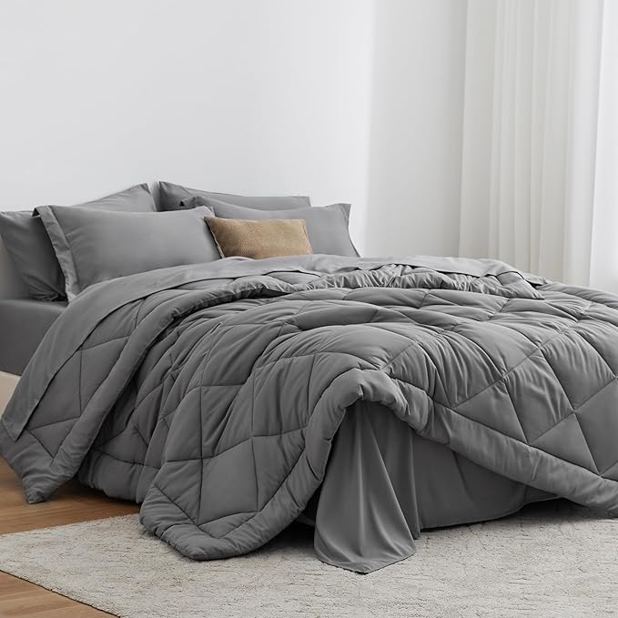 Love's cabin Twin Comforter Set Grey, 5 Pieces Twin Bed in a Bag, All Season Bedding Sets with 1 Comforter, 1 Flat Sheet, 1 Fitted Sheet, 1 Pillowcase and 1 Pillow Sham | Soft, Breathable, Lightweight, Comfortable