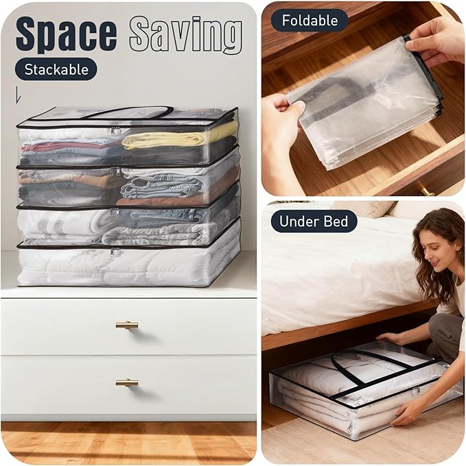Clear Under Bed Storage Containers - 8 Pack Large Capacity Clothes Storage Bags with Lid & Sturdy Handles, Foldable Moving Bags, Clothing Organizer Totes for Bedding, Comforter, Sheet（40 L）