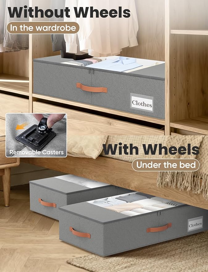 TOSKING 2-Pack Under Bed Storage Drawers with Wheels, 6 Vacuum Bags, 7.9" Height, Large 65L/80 lbs Clear Lid Rolling Bin, 900D Oxford, Space Saver for Dorm Bedroom, Blankets, Clothes, Shoes, Gray