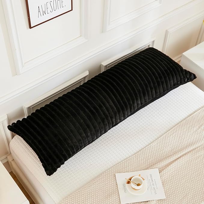 JAUXIO Faux Fur Fluffy Body Pillow Cover Luxury Textured Vertical Stripe Plush Decorative Body Pillowcase, Ultra Soft and Cozy Zipper Closure 21 x 54 Inches, Black