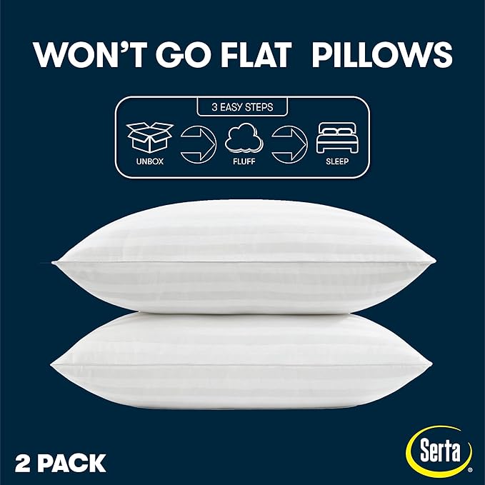 Serta Won't Go Flat King Size Set of 2 Down Alternative Bed Pillows, Extra Life Foam Core with Medium Support, Perfect for Back, Stomach or Side Sleepers, White