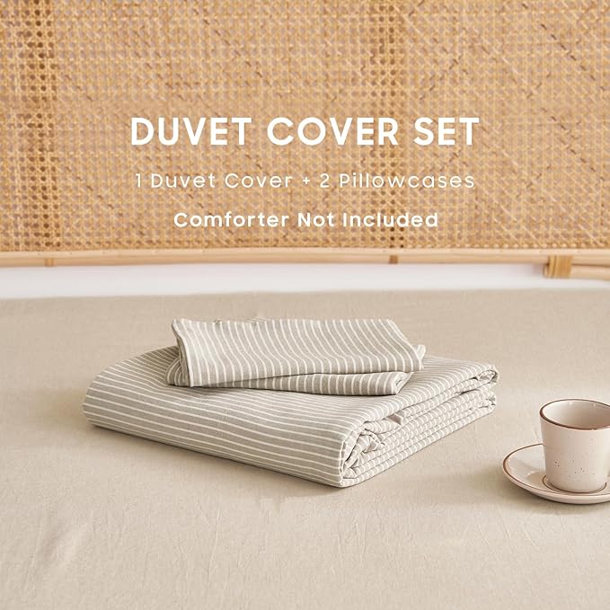 Wake In Cloud - Striped Cotton Duvet Cover Set, 100% Washed Cotton Textured Percale Bedding Set, Ticking Stripe Pinstripe Farmhouse, 3 Pieces, Tan, Queen Size