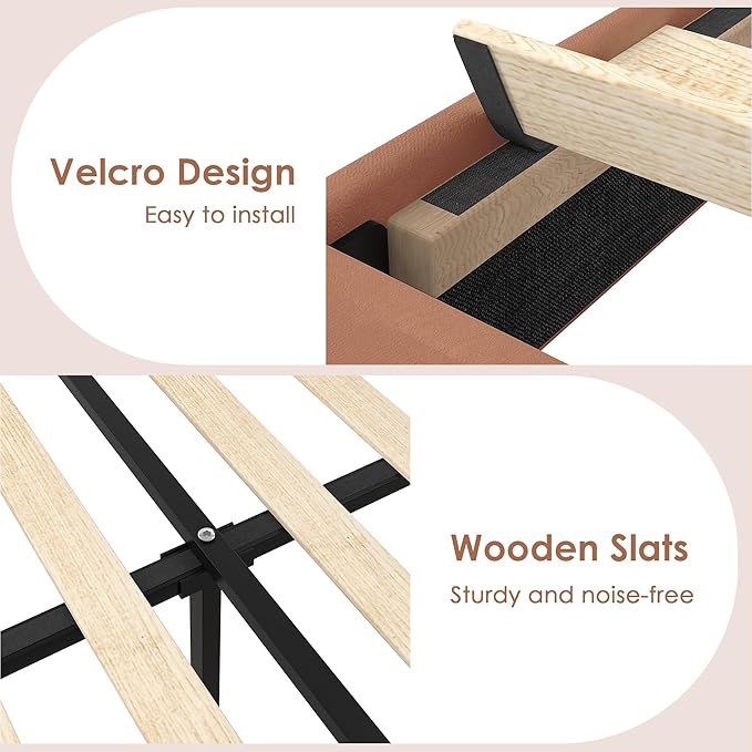 VECELO Queen Size Platform Bed Frame with Height Adjustable Upholstered Headboard, Modern Mattress Foundation,Strong Wood Slat Support, No Box Spring Needed, Easy Assembly,Brown