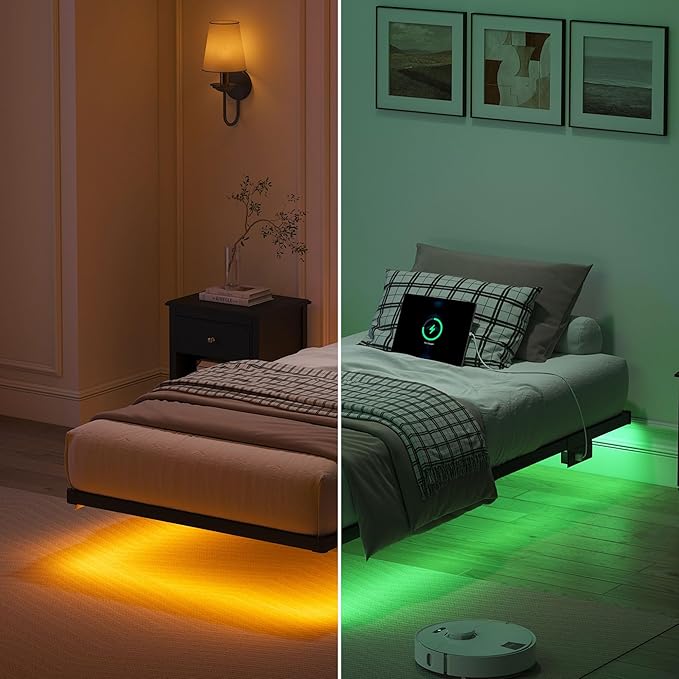 YORMDMO Floating Bed Frame Twin Size, Heavy Duty Bedframe with Smart LED Lights & Charging Station, Modern Metal Platform Bed, Easy Assembly No Box Spring Needed, 10 Inch