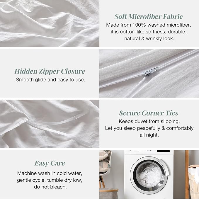 MILDLY Super Soft Duvet Cover - 100% Washed Microfiber White Comforter Cover Set 3 Pieces with Zipper Closure & Corner Ties (No Comforter)