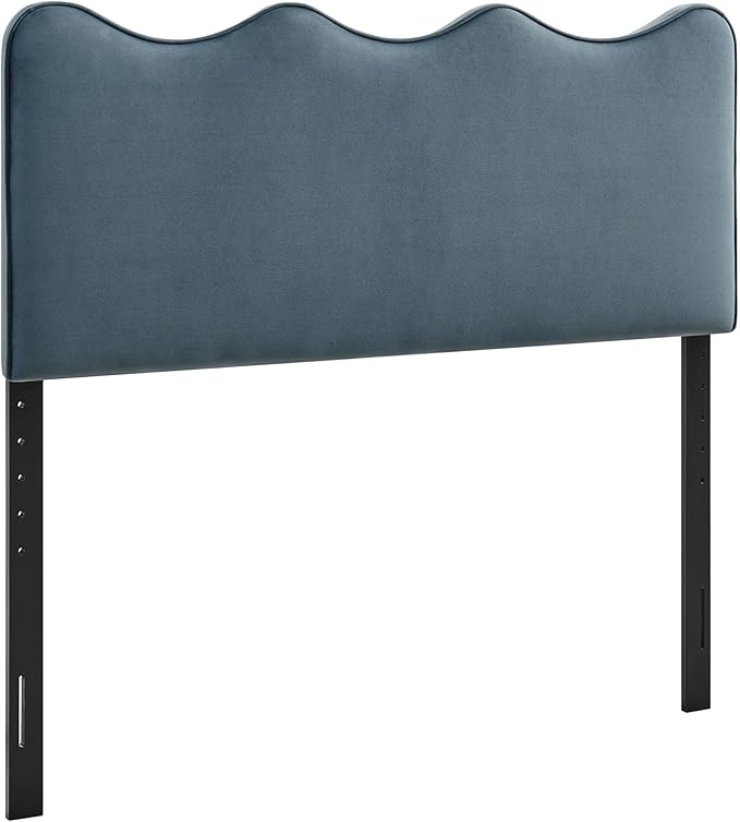 Monday Athena Queen Size Performance Velvet Adjustable Headboard in Cadet Blue - with Scalloped Wave Design and Stain-Resistant Velvet Upholstery