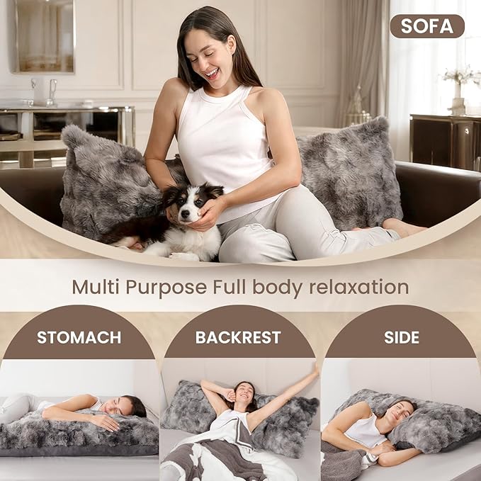 ZonLi Fluffy Body Pillow for Adults, Fuzzy Faux Fur Body Pillow with Shredded Memory Foam, Adjustable Support for Side Sleepers, Pregnancy & Bedding Decor, Gifts, 20 x 54 Inch, Grey
